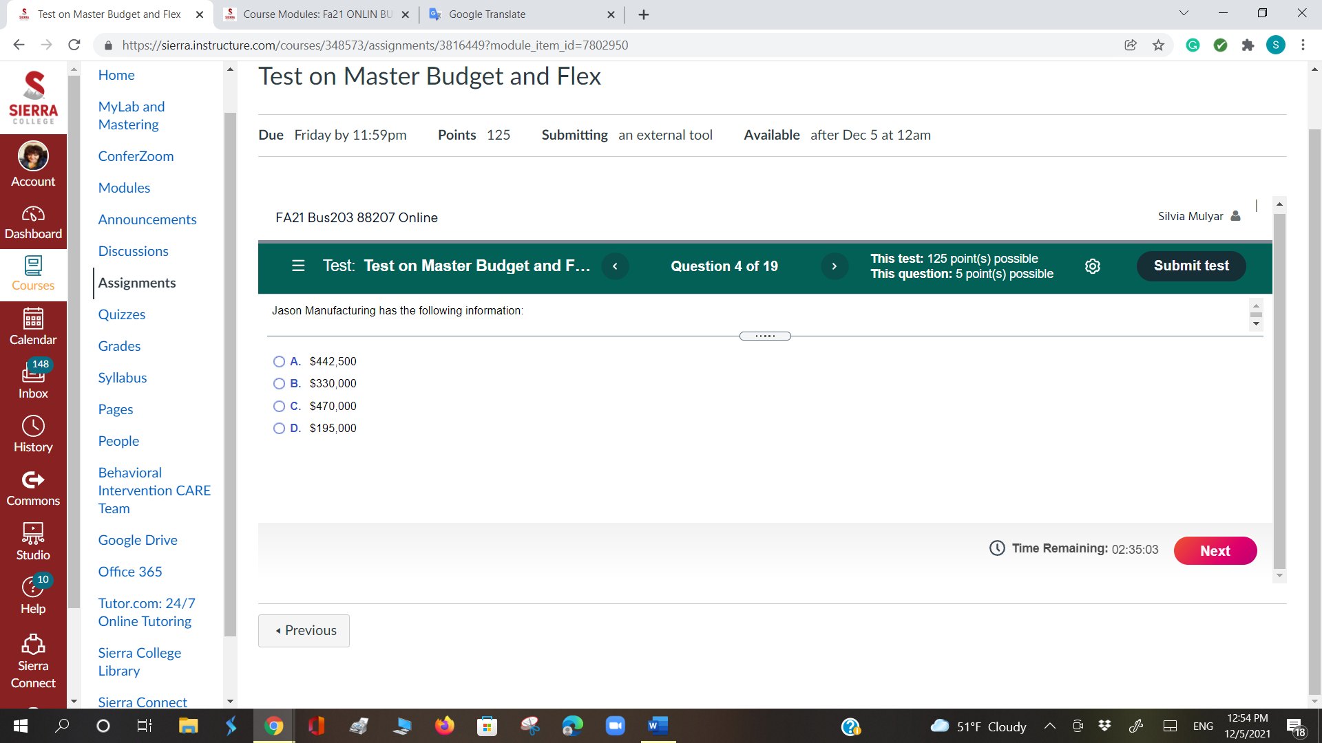 V Test on Master Budget and Flex x Course Modules: Fa21