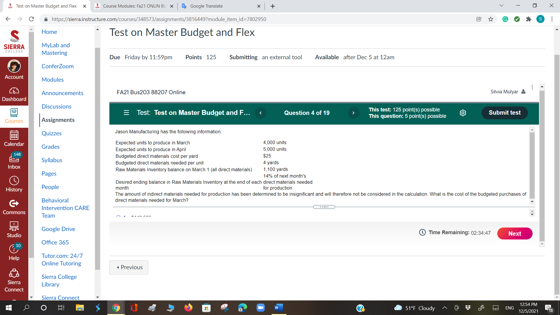 ONLIN BU X Google Translate X + X C A https://sierra.instructure.com/courses/348573/assignments/3816449?module_item_id=7802950 G