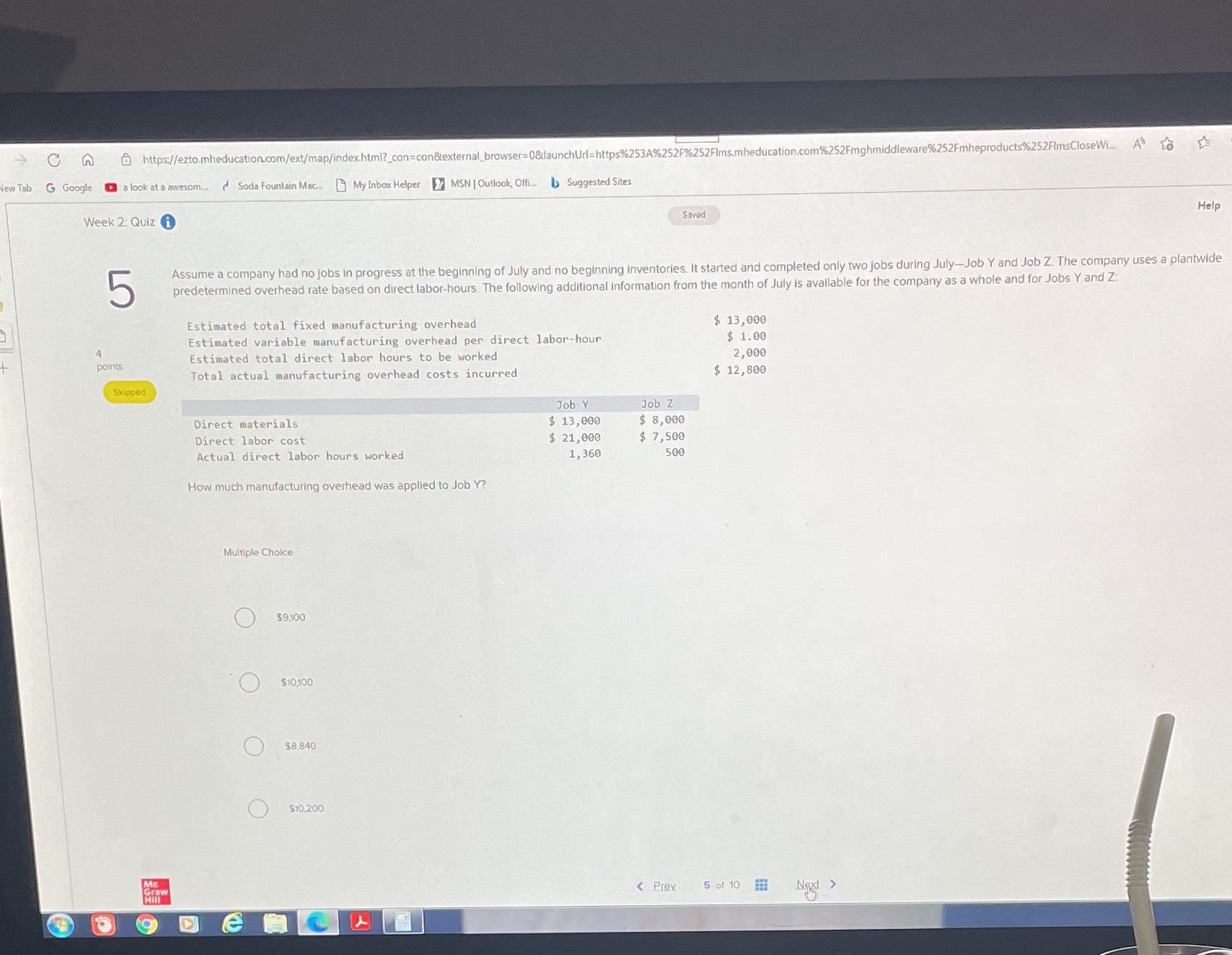 Question W @https://ezto.mheducation.com/ext/map/index.html?_con=con&external_browser=0&launchUrl=https%253A%252F%252FIms.mheducation.com%252Fmghmiddleware%252Fmheproducts%252FlmsCloseWi. A To ew Tab G Google ) a look