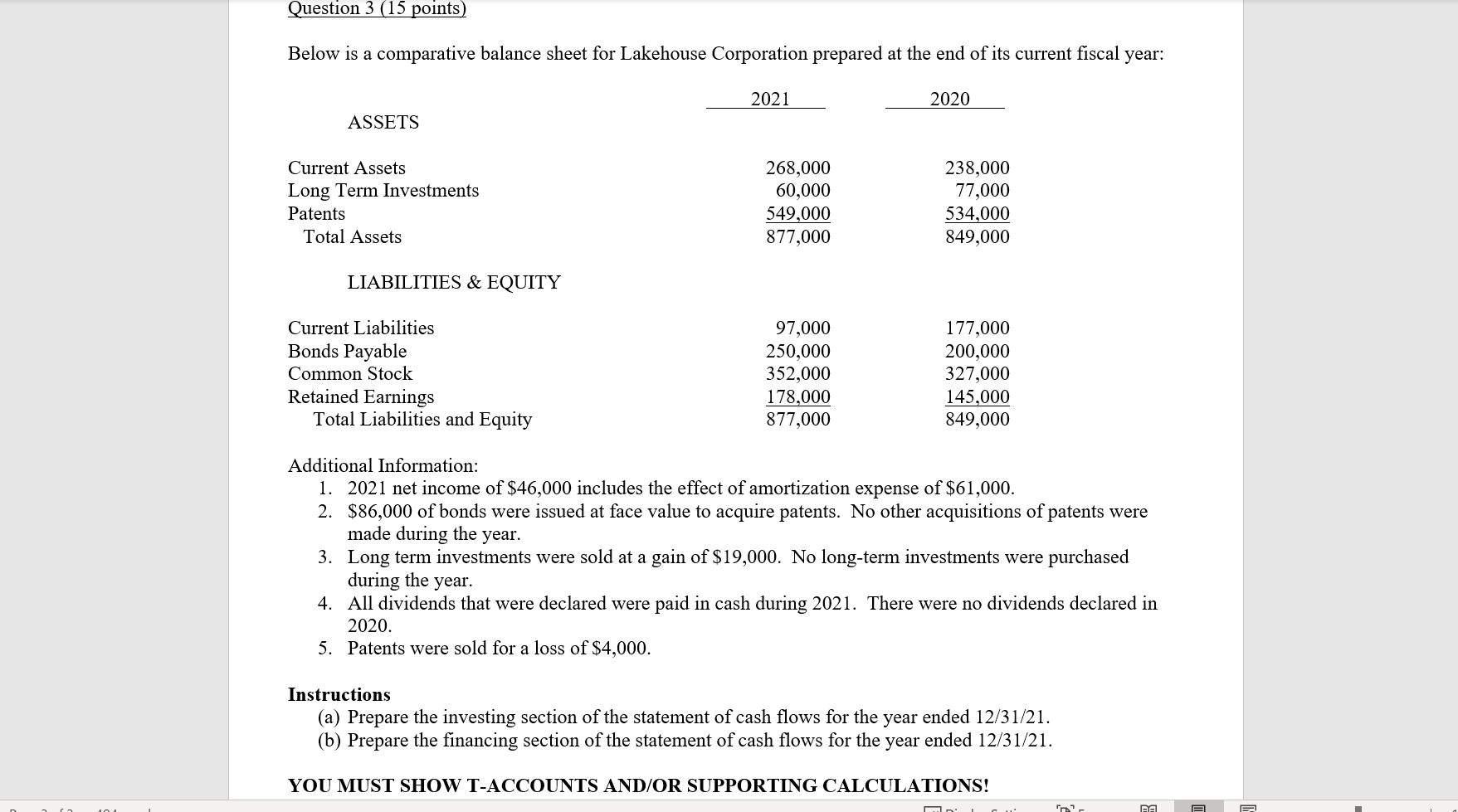  Question 3 t 15 points Below is a comparative balance sheet