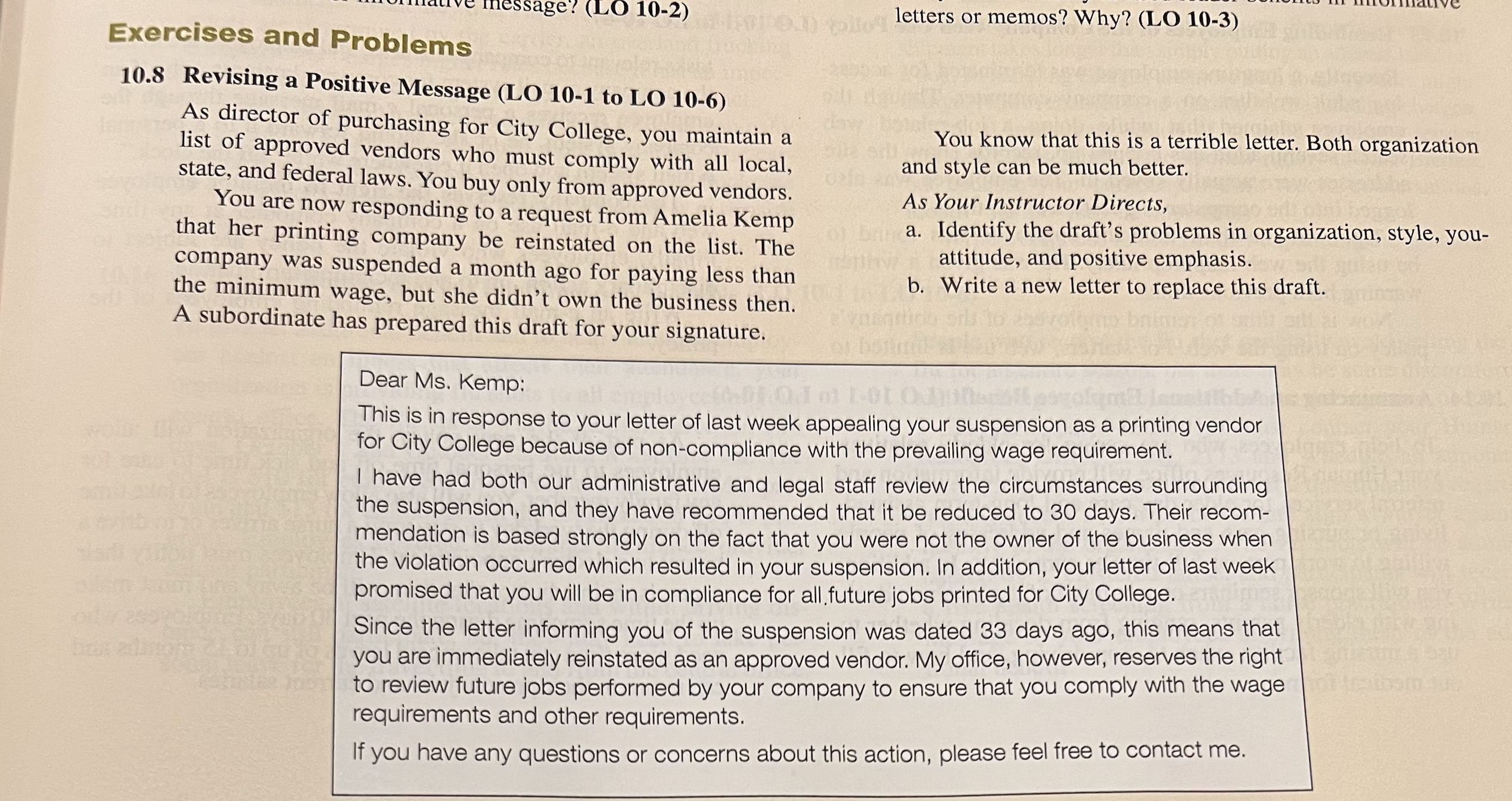 Read Exercise 10.8 Revising a Positive Message on page 157. Make sure