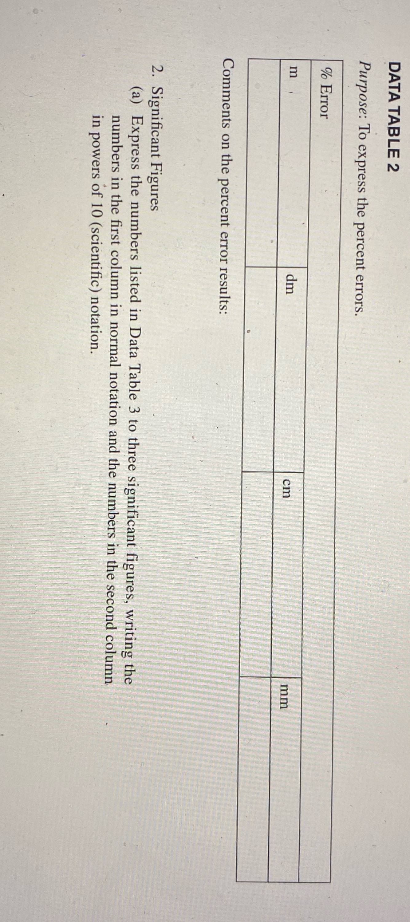 I need explanation fully DATA TABLE 2 Purpose: To express the percent