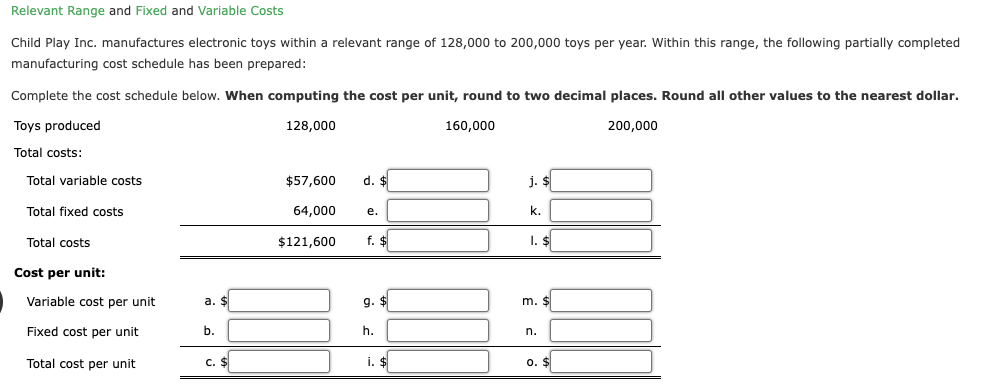  Relevant Range and Fixed and Variable Costs Child Play Inc. manufactures
