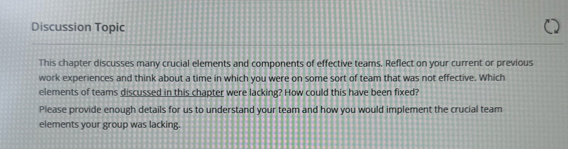 Discussion Topic ( 2 This chapter discusses many crucial elements and