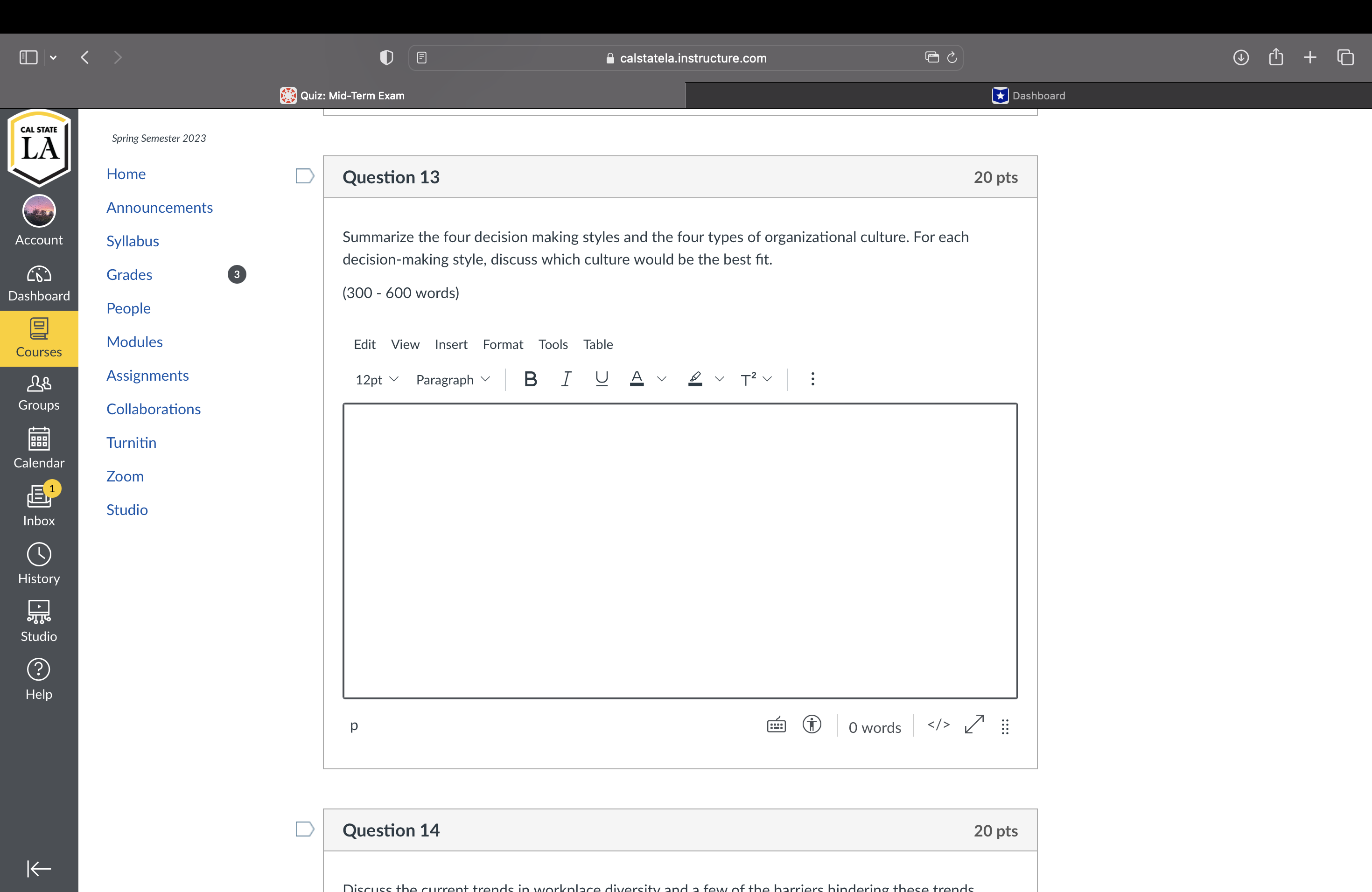 calstatela.instructure.com + Quiz: Mid-Term Exam Dashboard CAL STATE LA Spring Semester