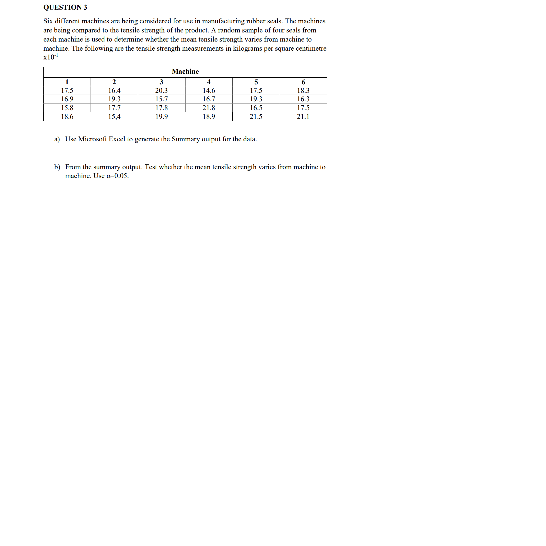 please help to answer this QUESTION 3 Six different machines are being