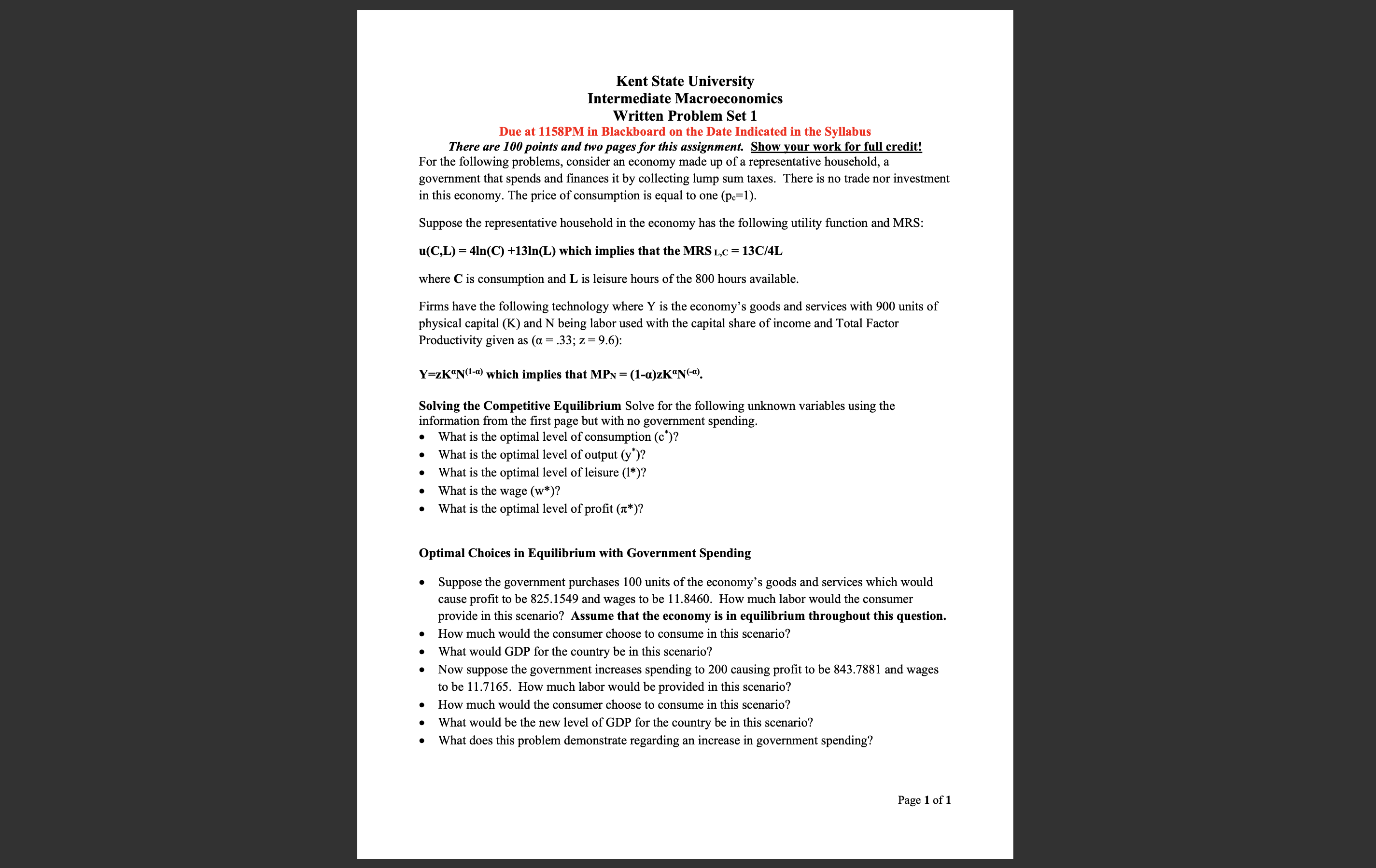  Kent State University Intermediate Macroeconomics Written Problem Set 1 Due at