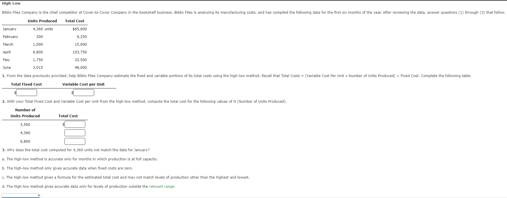 shelving for books. The company has compiled the following cost data, and