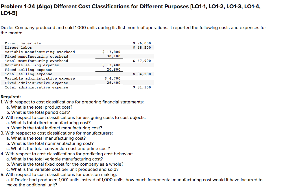  Problem 1-24 (Algal Different Cost Classifications for Different Purposes [LO1-1. LO1-2,