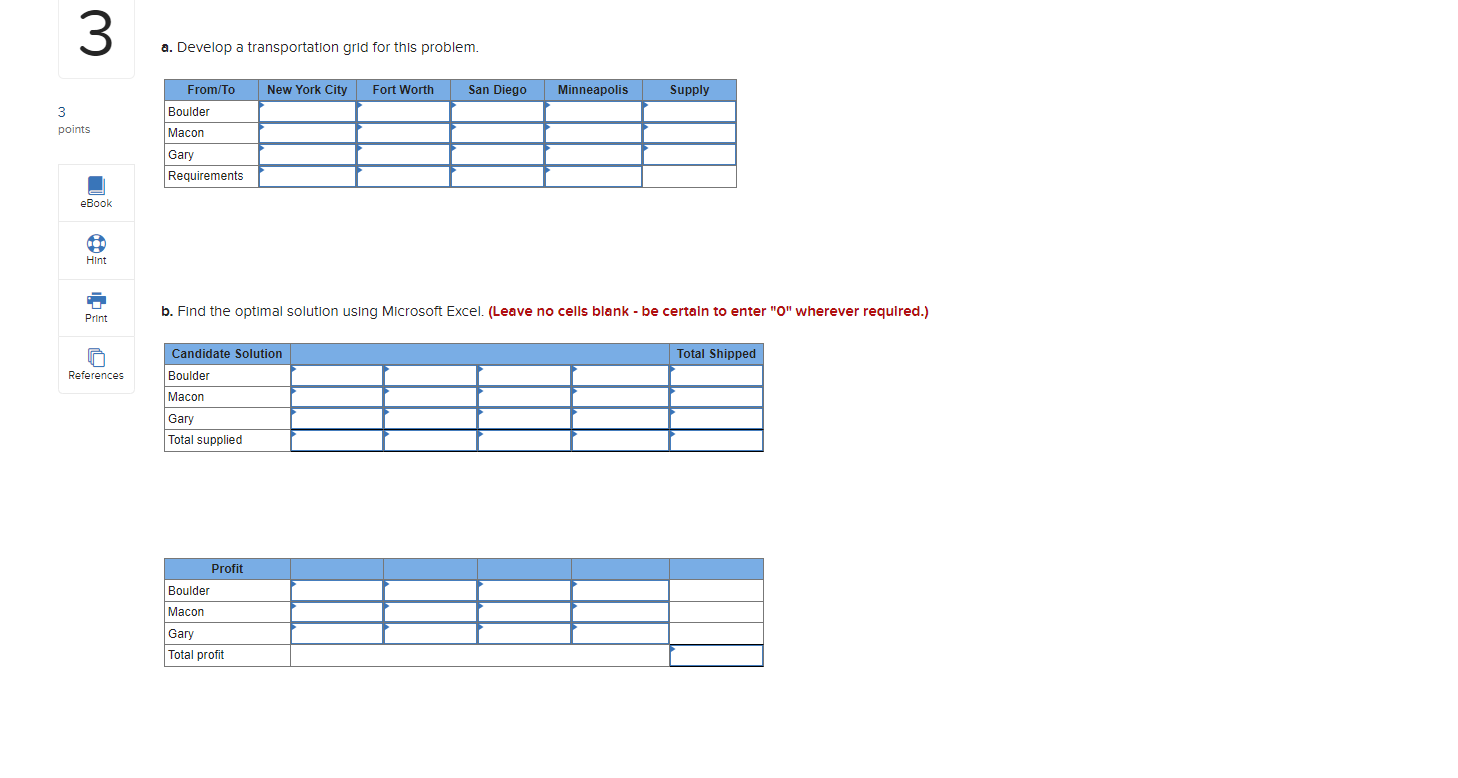 3 a. Develop a transportation grid for this problem. From/To New