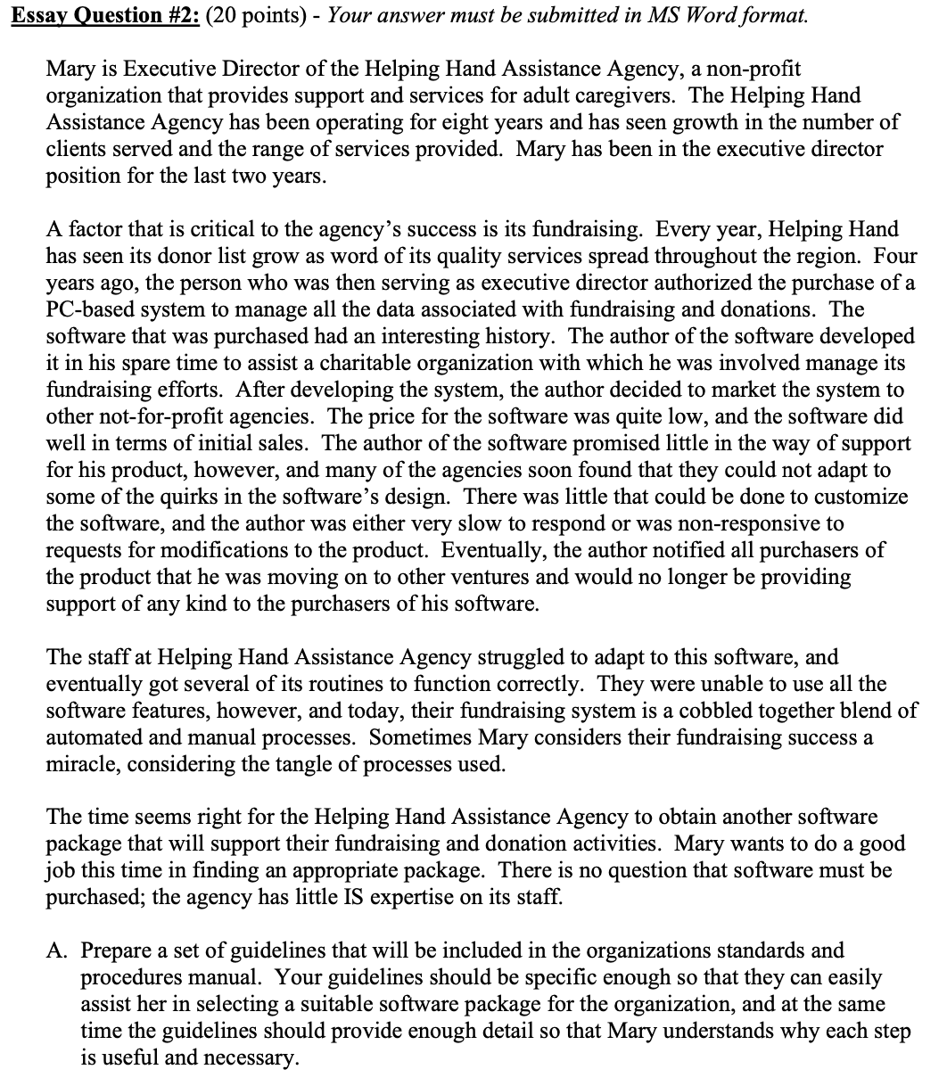  Essay Question #2: (20 points) - Your answer must be submitted