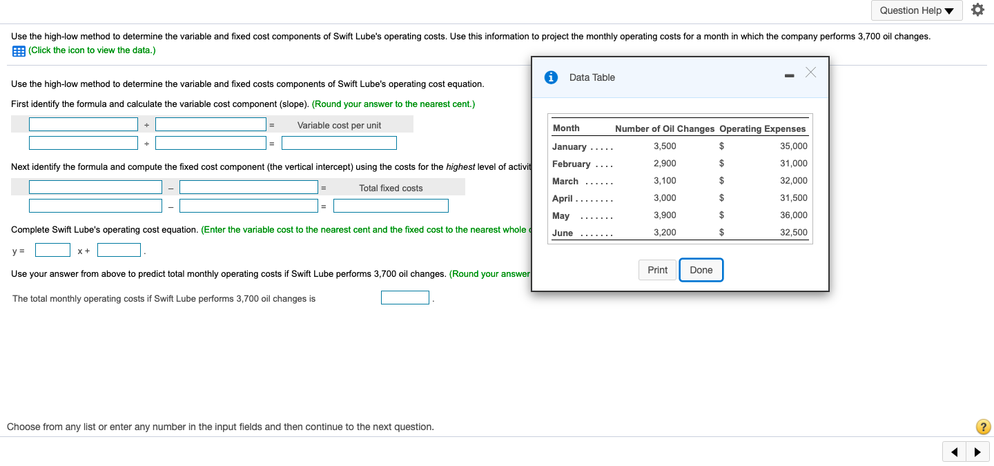 Acct homework Question Help Use the high-low method to determine the variable