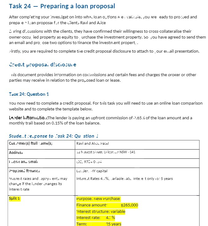 Task 24 - Preparing a loan proposal After comp'eting your investigat
