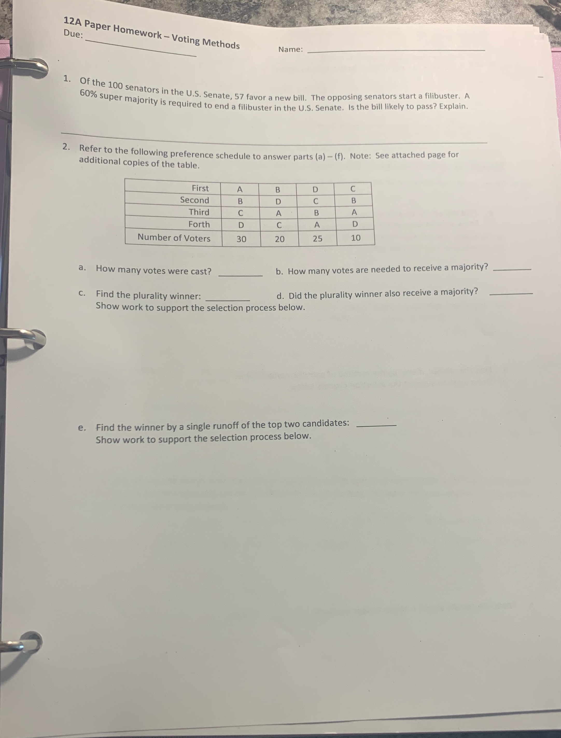 How do I solve these Due: 12A Paper Homework - Voting Methods