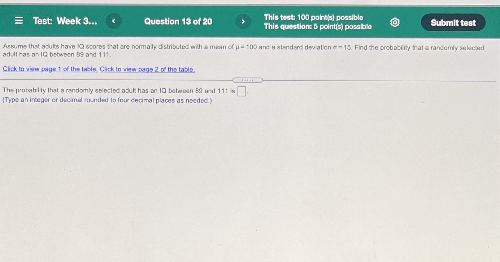 Test: Week 3... Question 13 of 20 This test: 100 point(s) possible