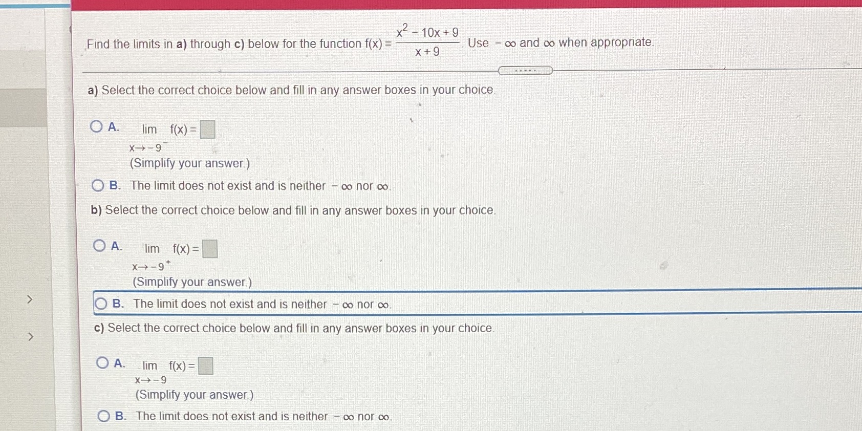x2 - 10x +9 Find the limits in a) through c)