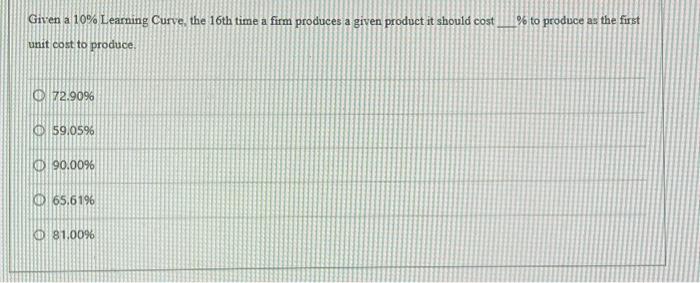  Given a 10% Learning Curve, the 16th time a firm produces