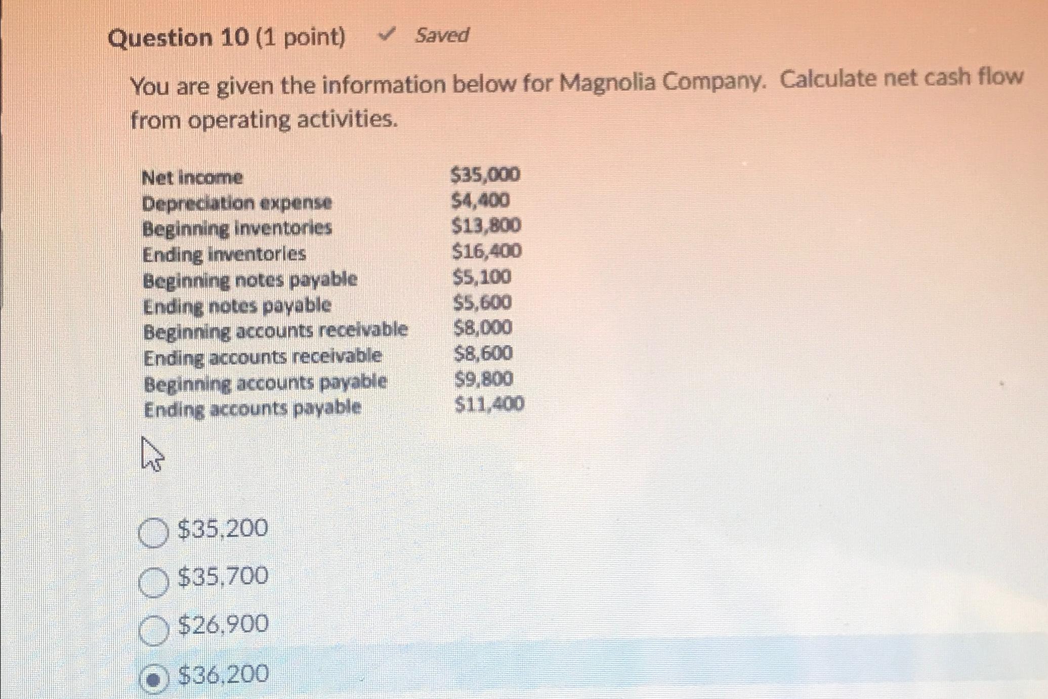  Question 10(1 point) Saved You are given the information below for