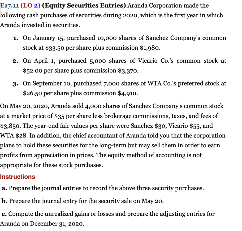 Please show work E17.11 (LO 2) (Equity Securities Entries) Aranda Corporation made