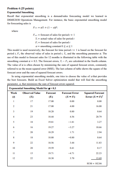  Problem 4 (25 points) Exponential Smoothing. Recall that exponential smoothing is