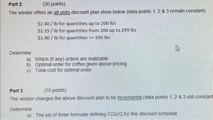 Data 1. Annual demand of coffee is 280lbs. 2. Cost of capital