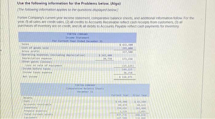  Use the following information for the Problems below. (Algo) The following