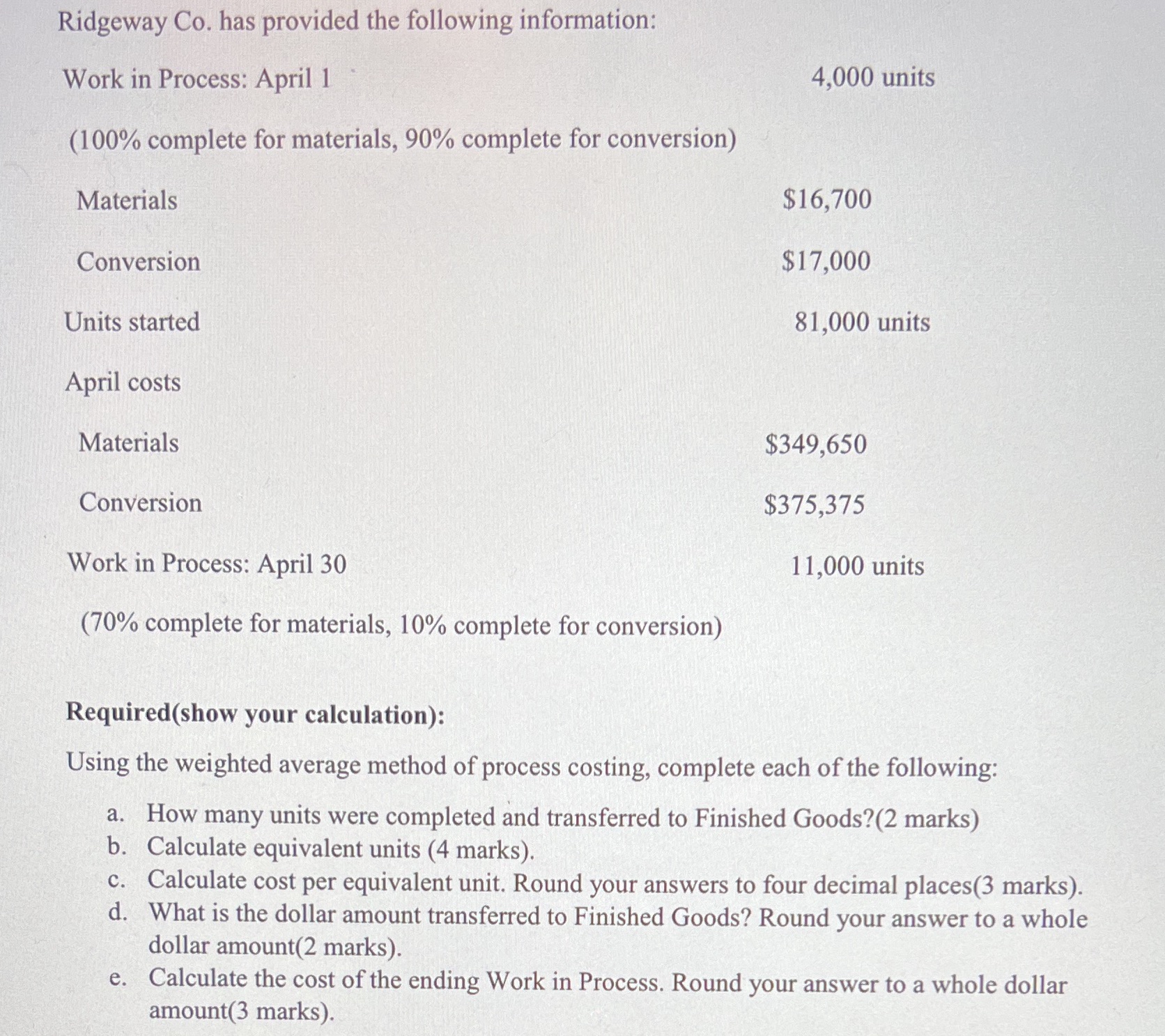 Ridgeway Co. has provided the following information: Work in Process: April