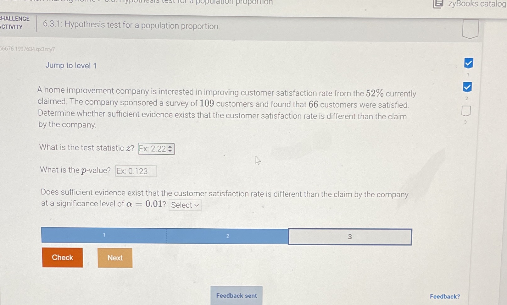 pulation proportion E zyBooks catalog HALLENGE ACTIVITY 6.3.1: Hypothesis test for