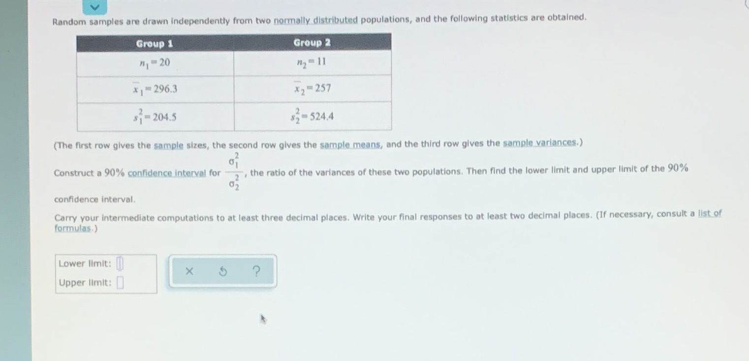  V Random samples are drawn independently from two normally distributed populations,