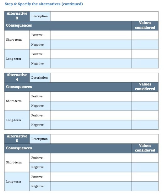 Step 4: Specify the alternatives (continued) Alternative Description 3 Values Consequences