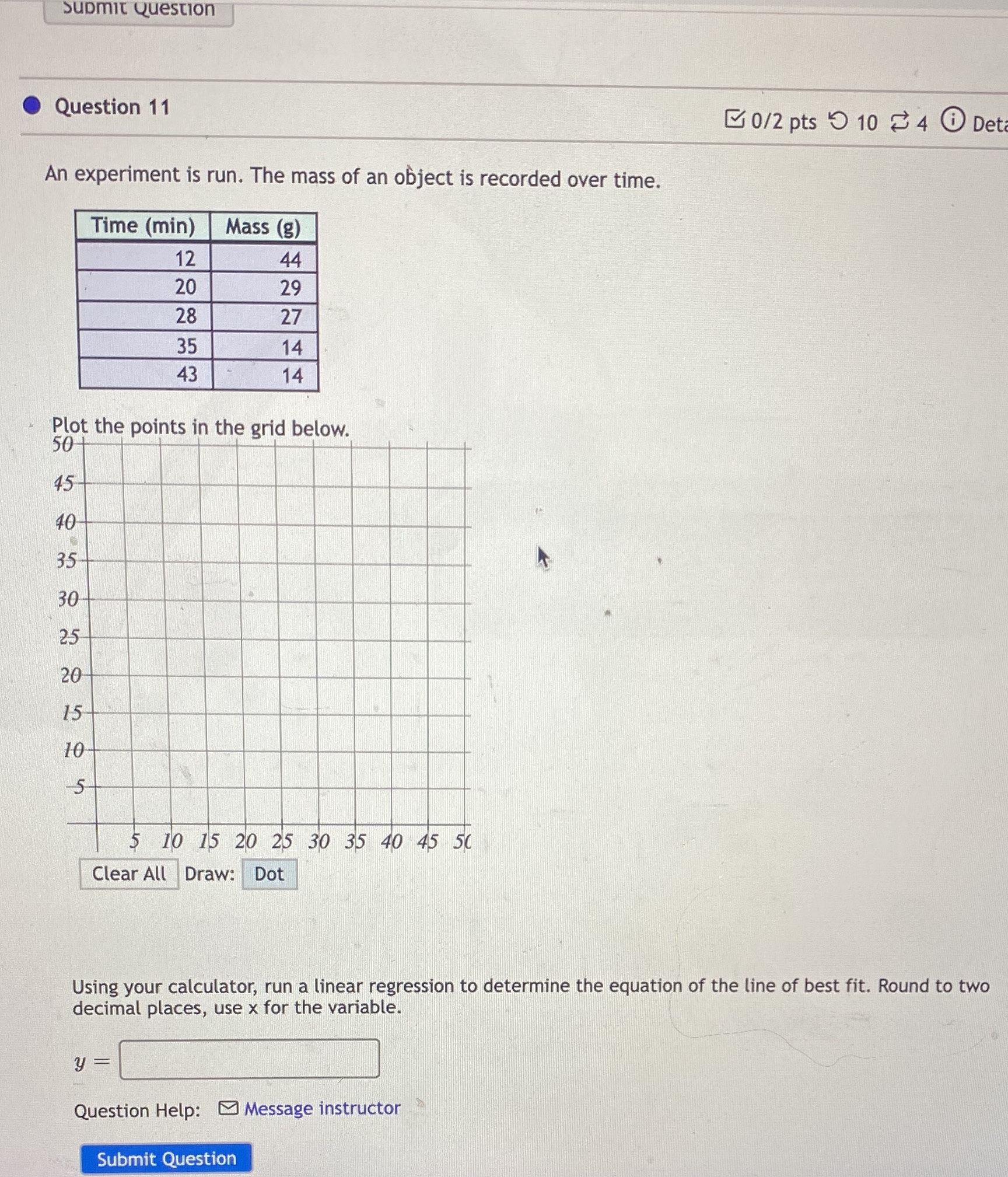  Submit Question Question 11 0/2 pts 9 10 ~ 4 0