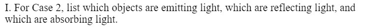 I. For Case 2, list which objects are emitting light, which are