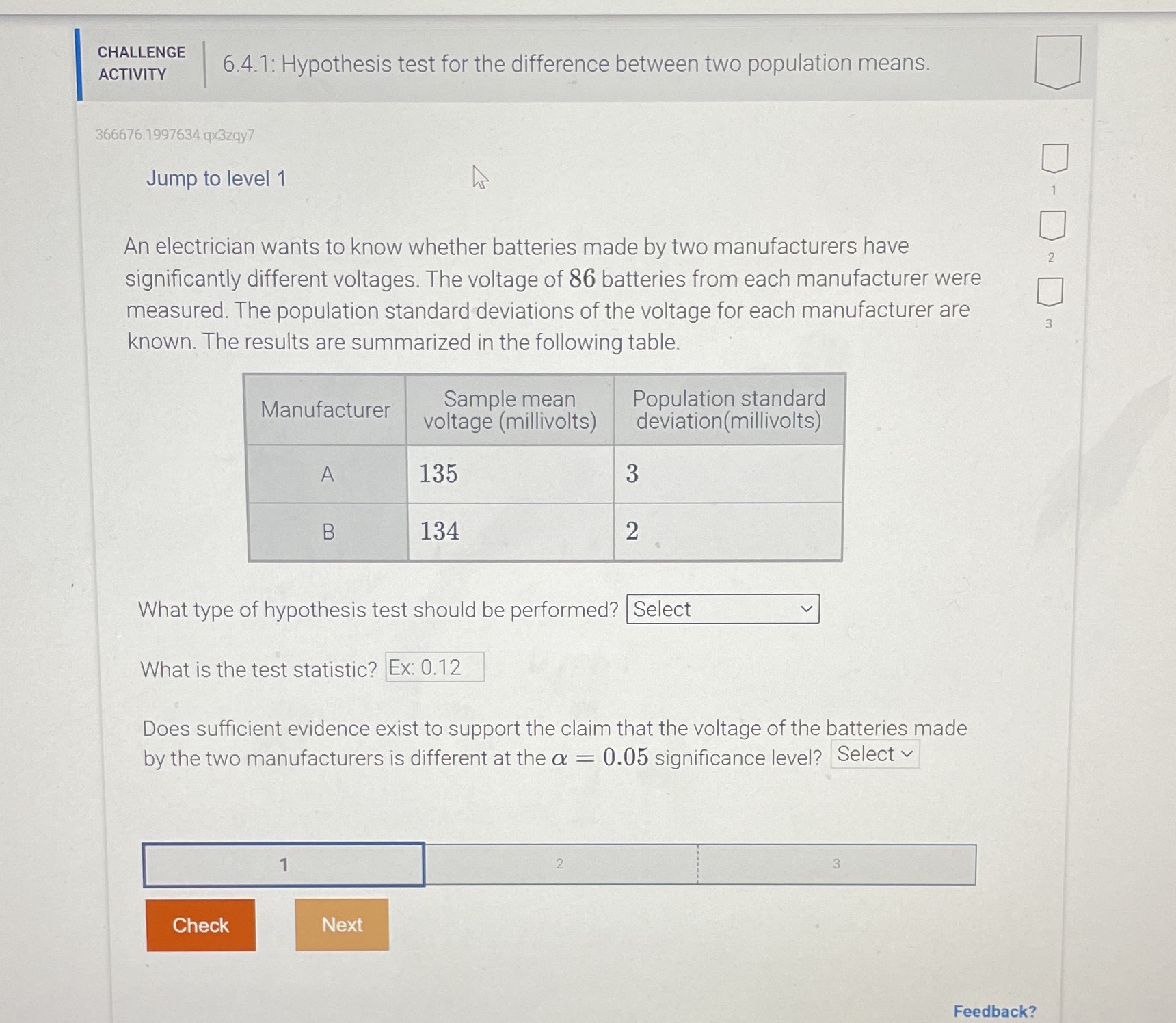  CHALLENGE ACTIVITY 6.4.1: Hypothesis test for the difference between two population