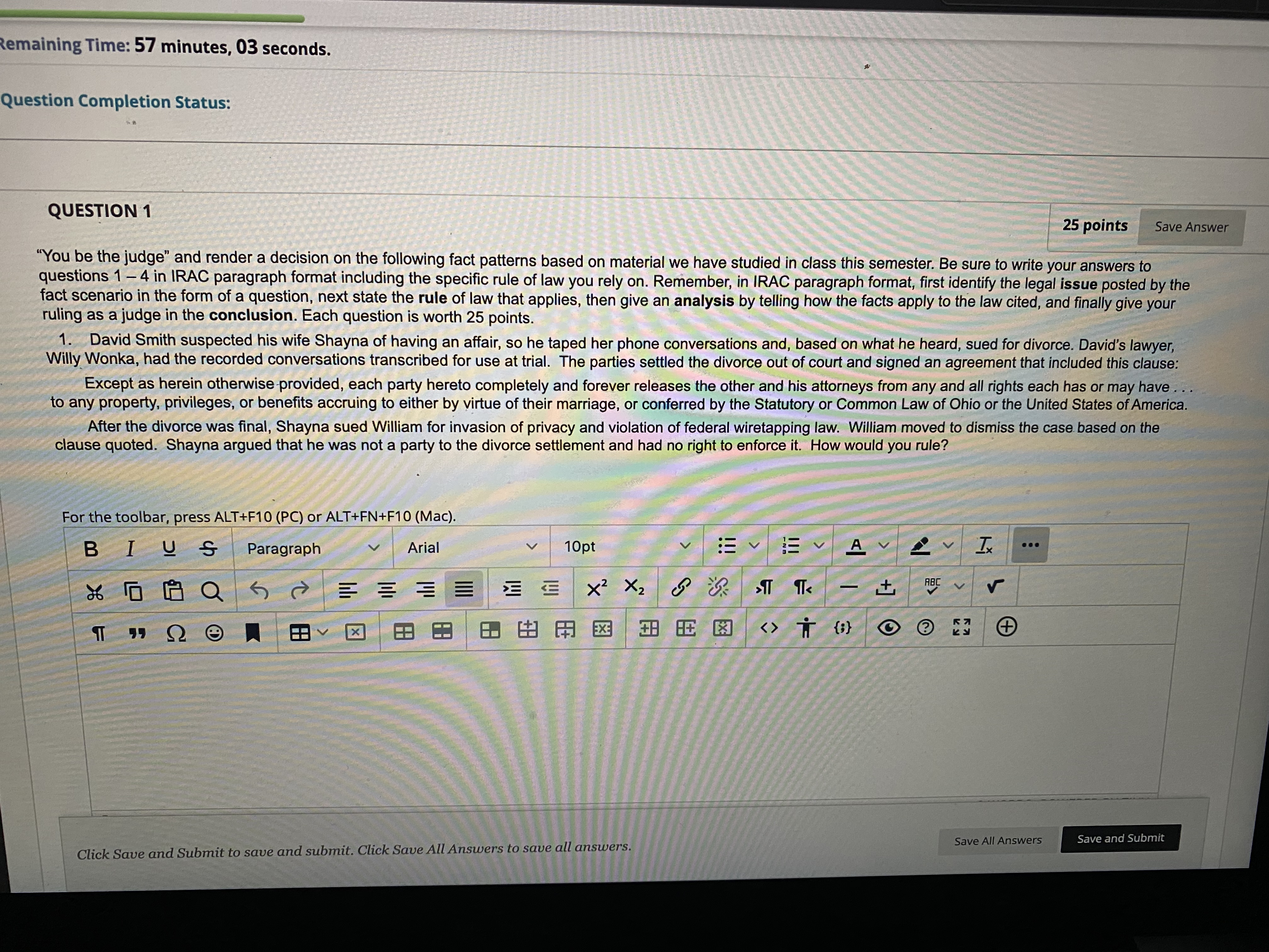 Remaining Time: 57 minutes, 03 seconds. Question Completion Status: QUESTION 1