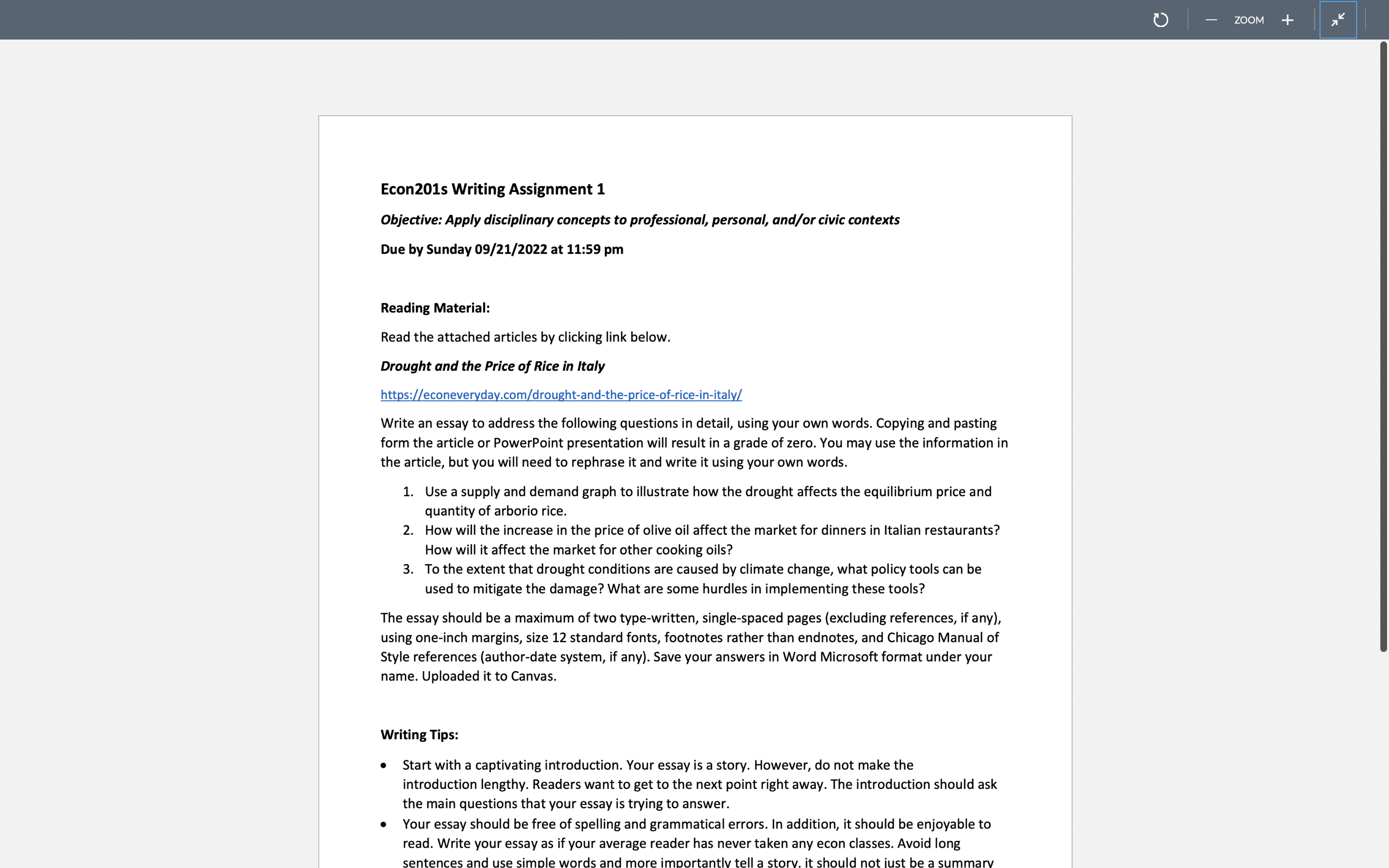 zoom + Econ201s Writing Assignment 1 Objective: Apply disciplinary concepts to