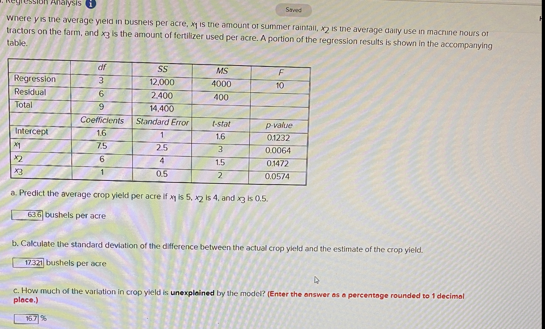 An analyst examines the effect that various variables have on crop yield.