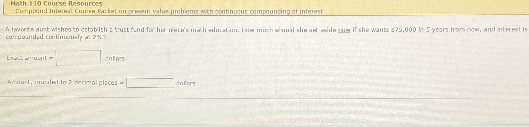  Math 110 Course Resources Compound Interest Course Packet on present value