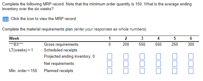  Complete the following MRP record. Note that the minimum order quantity