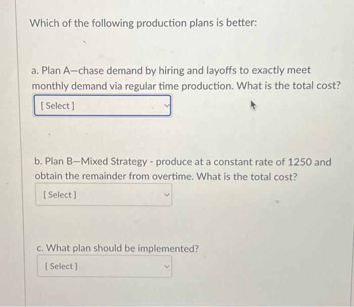 for the upcoming four quarters. Which of the following production plans is