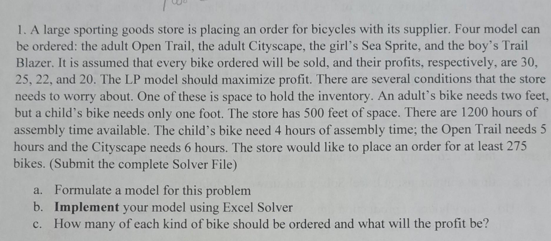 1. A large sporting goods store is placing an order for