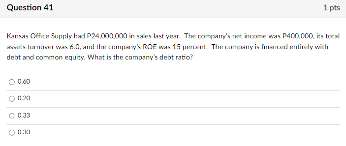sales of P20,000,000. If the firm has a debt of P7,500,000, total