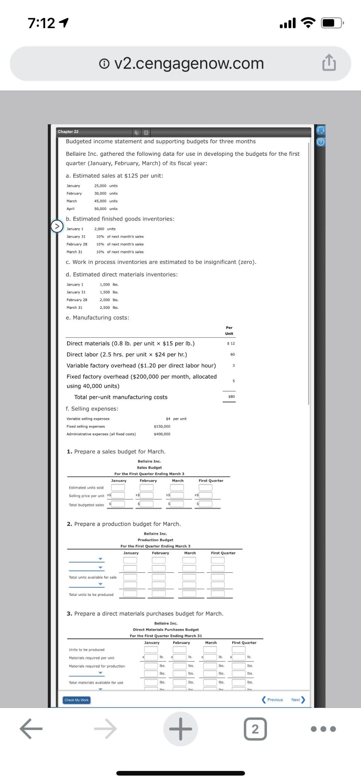 3. Prepare a direct materials purchases budget for March. Bellaire Inc. Direct