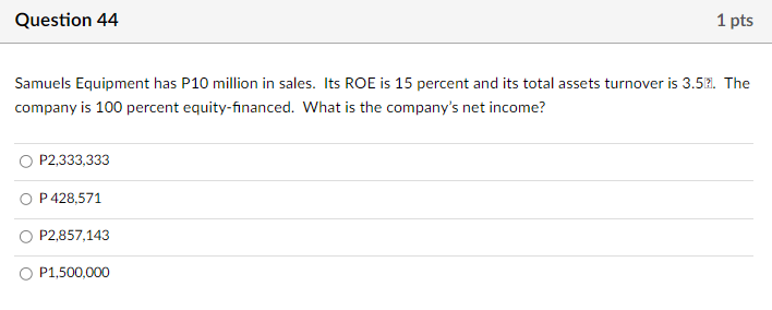 1 pts Shepherd Enterprises has an ROE of 15 percent, a debt