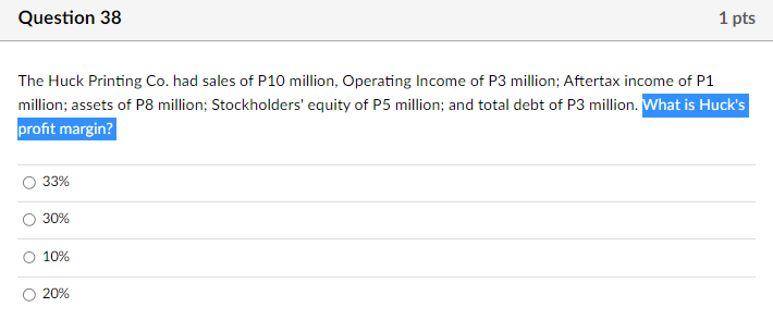 Income of P3 million; Aftertax income of P1 million; assets of P8