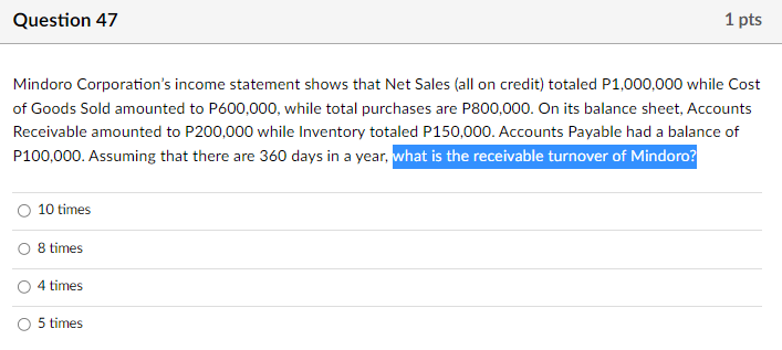 1 pts Mindoro Corporation's income statement shows that Net Sales (all on