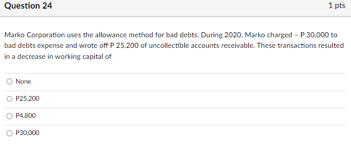 Question 24 1 pts Marko Corporation uses the allowance method for