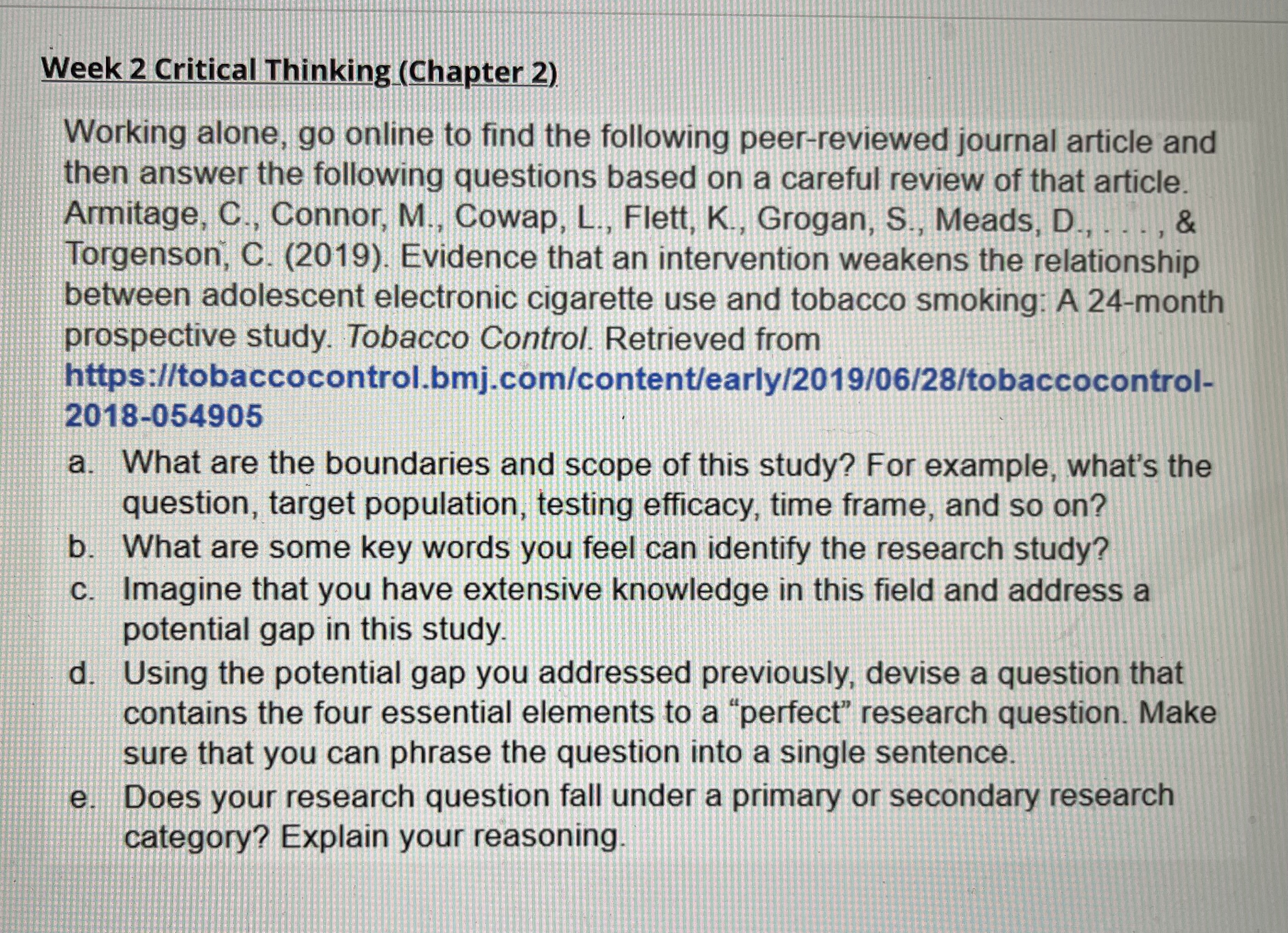 Week 2 Critical Thinking (Chapter 2) Working alone, go online to