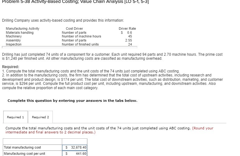  Problem 5-38 Activity-Based Costing; Value Chain Analysis [LO 5-1, 5-3] Drilling