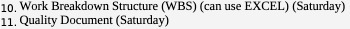 10 Work Breakdown Structure (WBS) (can use EXCEL) (Saturday) 11. Quality Document