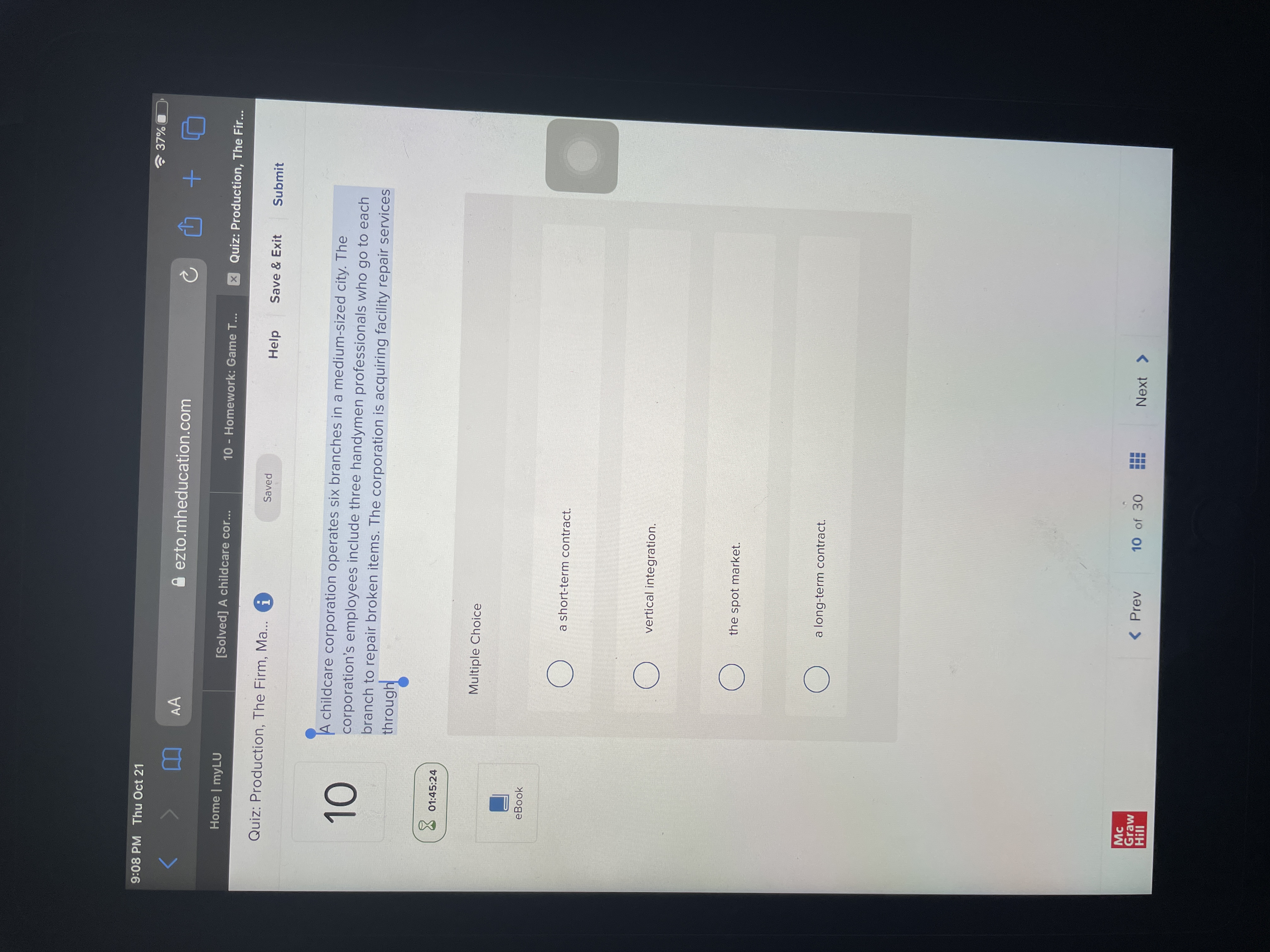  9:08 PM Thu Oct 21 37% AA A ezto.mheducation.com + Home